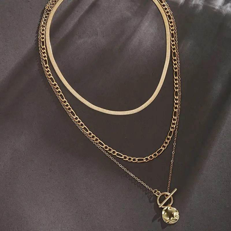 3-teiliges Halsketten-Set-Schlichte und dennoch schicke laminierte Schlangenkette mit Münzanhänger