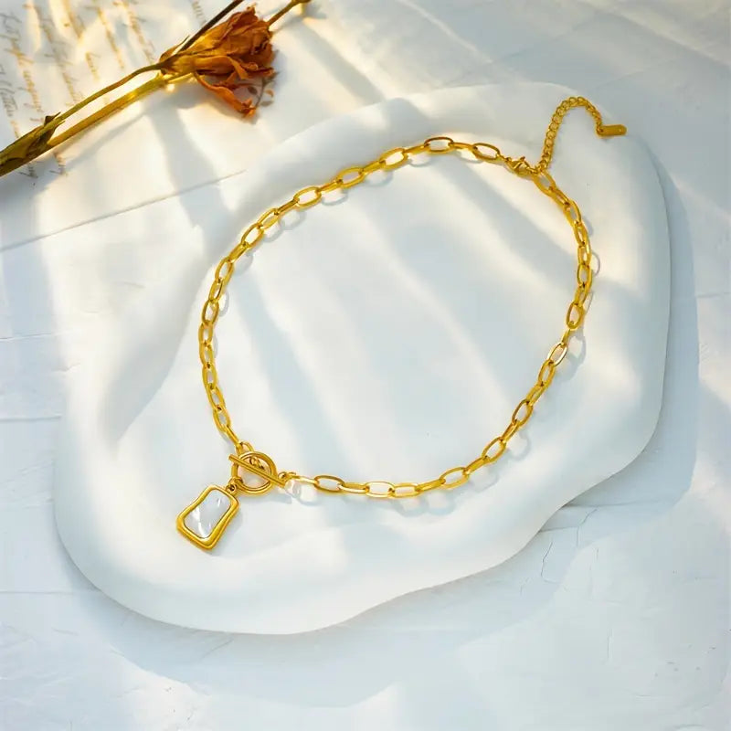 Elegante Weiße Muschel Quadrat-Anhänger Halskette mit OT-Verschluss